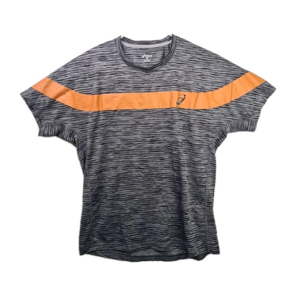 Asics Men’s Performance T-Shirt Gray Stripe Orange Panel Athletic Top Size L